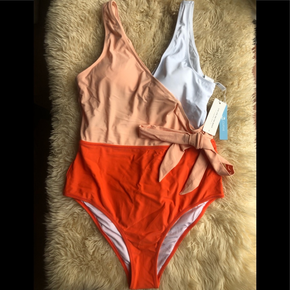 Cupshe orange white side tie color block suit NWT